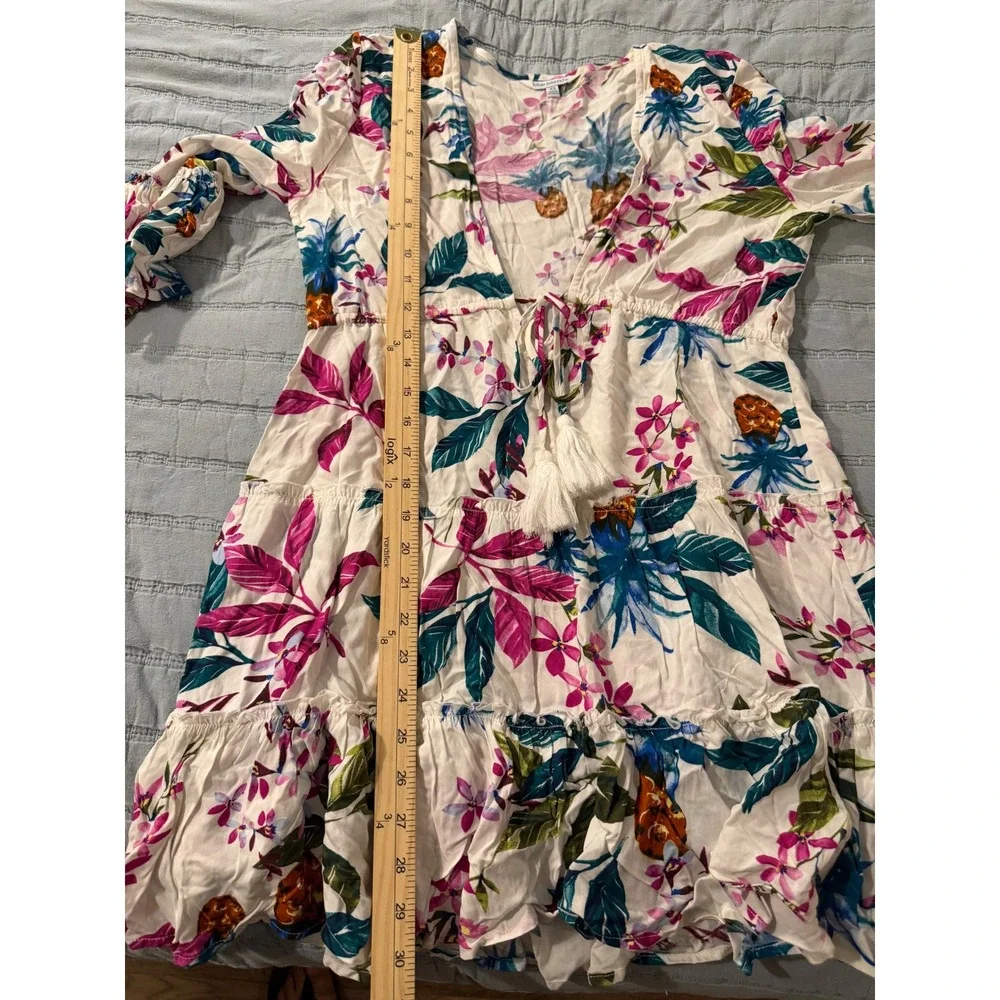 Blue Island Womens Tropical Floral Pineapple‎ Beach Coverup Dress White XS